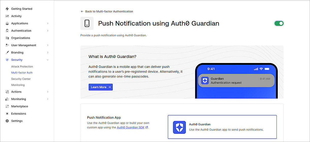 Screenshot of the Push Notification using Auth0 Guardian page.